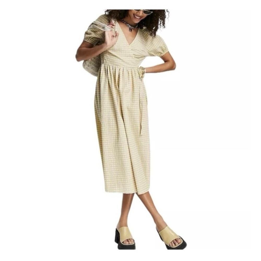 TOP SHOP Seersucker Plaid Puff Sleeve Midi Wrap Dress Yellow & Lilac Size 6